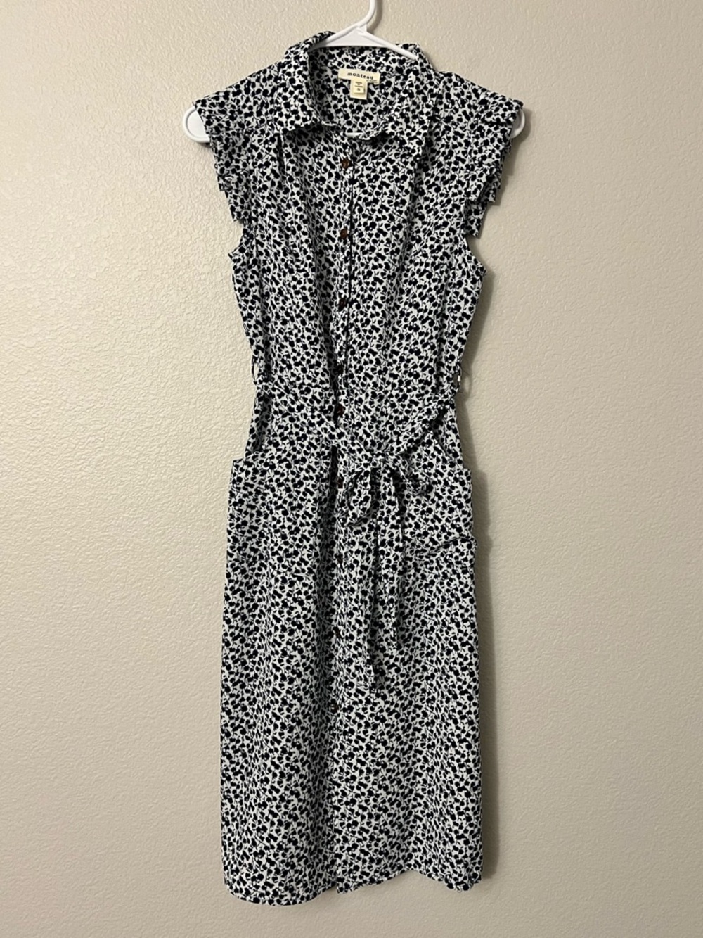 Monteau Navy and White Sleeveless Printed Midi Shirt Dress w Pockets | Size S